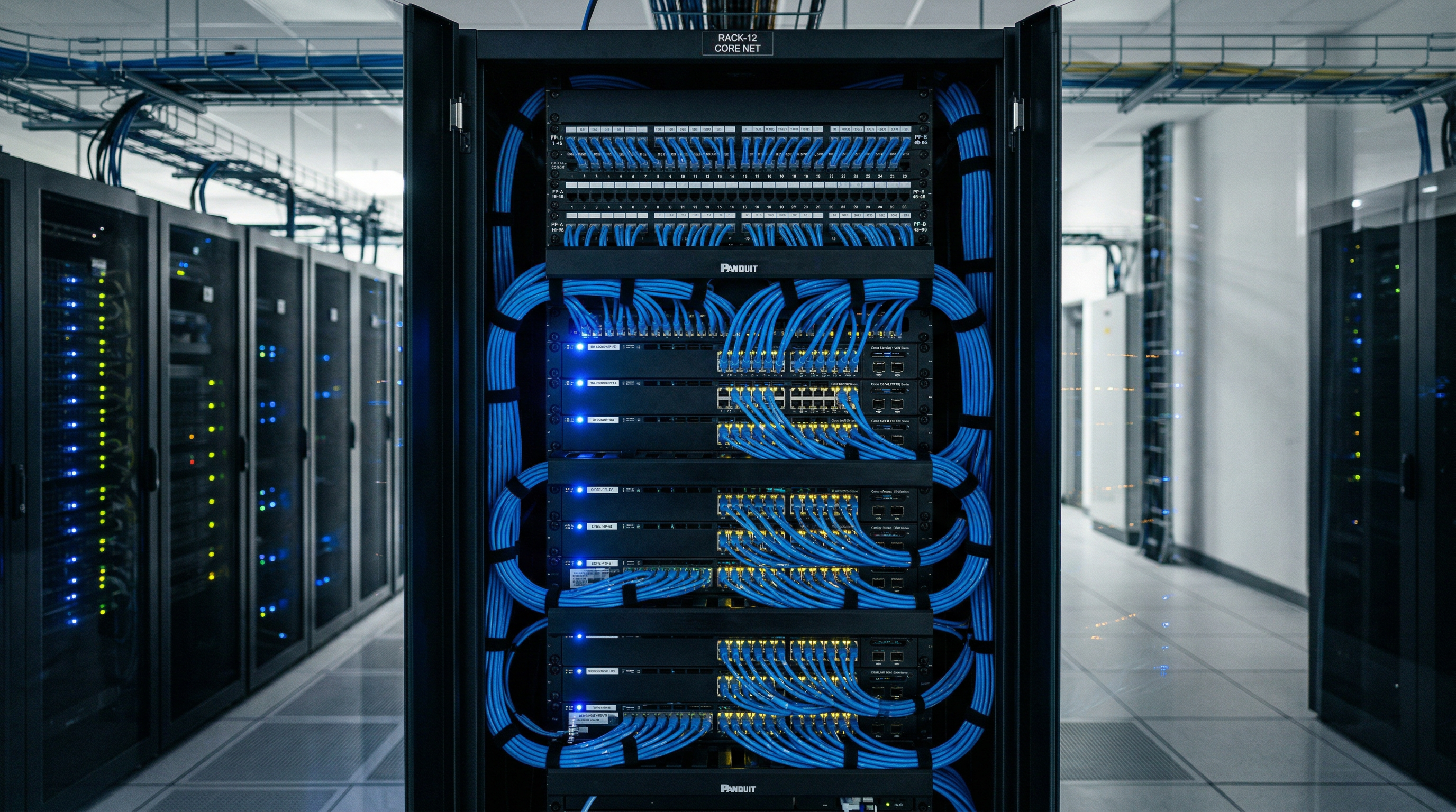 Professional server room with organized network switches